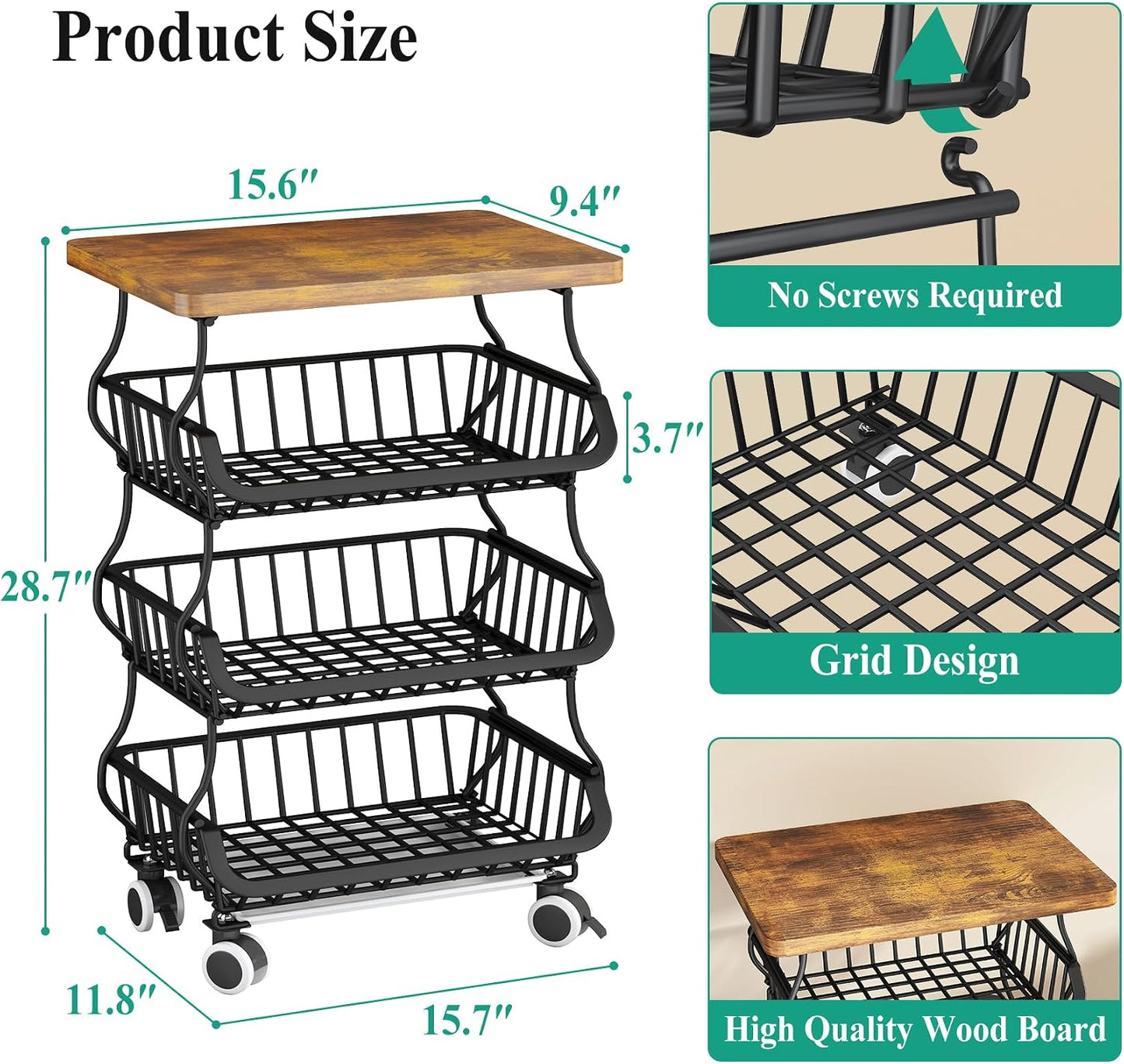 SAYZH Fruit Basket Kitchen Pantry Organizers and Storage - Wooden Top Table, Stackable Metal Wire Basket Stand Cart for Fruit Vegetable Snacks Onion Potato Organization (White, 5 Tiers)