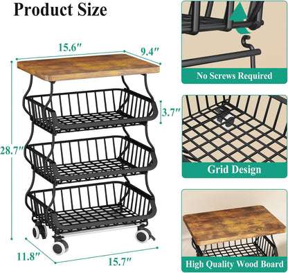 SAYZH Fruit Basket Kitchen Pantry Organizers and Storage - Wooden Top Table, Stackable Metal Wire Basket Stand Cart for Fruit Vegetable Snacks Onion Potato Organization (Black, 5 Tiers)