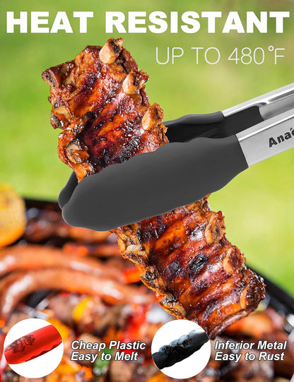Anaeat Premium Kitchen Locking Tong Set of 3 - Heavy Duty Stainless Steel Food Tongs with Long Handle & Non-Slip Silicone Grip for Cooking, Baking, Grilling - Heat Resistant up to 480°F