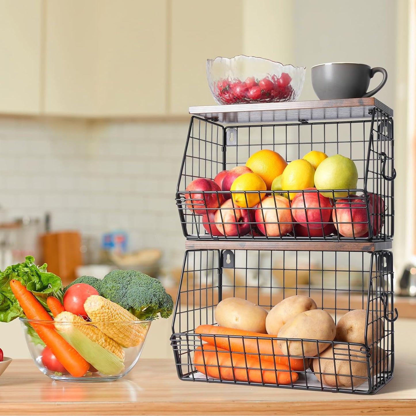 Mefirt Fruit Basket, 2-Tier Fruit Bowl for Kitchen Counter, Stackable Wall Mounted Fruit Storage, Snack Organizer, Potato and Onion Storage Basket, Hanging Pantry Storage with Wood Lid, 2 Set, White
