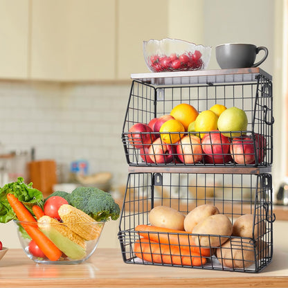 Mefirt Fruit Basket, 2-Tier Fruit Bowl for Kitchen Counter, Stackable Wall Mounted Fruit Storage, Snack Organizer, Potato and Onion Storage Basket, Hanging Pantry Storage with Wood Lid, 2 Set, White