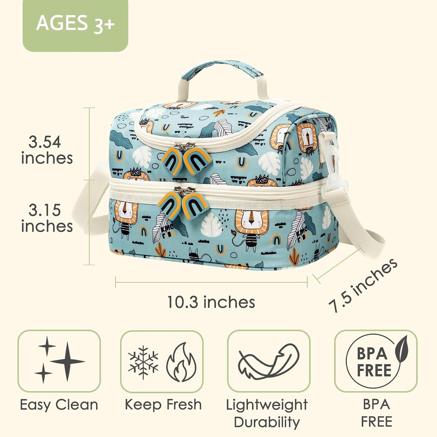 Insulated Kids Dual Compartment Lunch Bags Tote Pack for Girls Boys Toddler Kindergarten School Picnic Cooler Thermal Lunch Boxes with Strap (Green Rainbow)