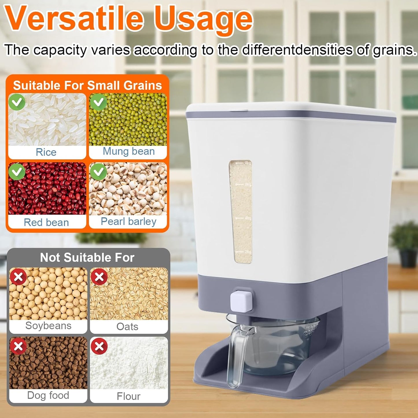 Mity rain Rice Dispenser 20 Lbs with Moisture Absorbing Clay, Rice Storage Container with Measuring Cup, 12 L Cereal Containers Storage Airtight for Kitchen Pantry Organization
