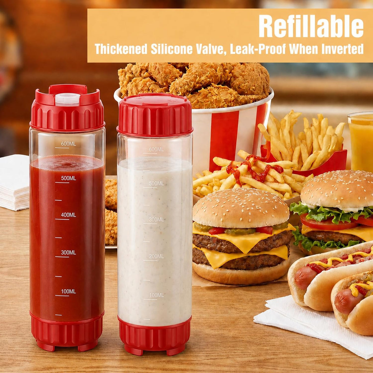 2 Pcs 16 oz Inverted Squeeze Bottles, Valve Condiment Dispenser (Black)