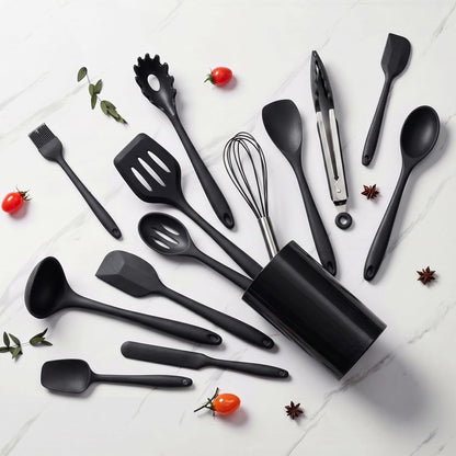 LIANYU 14 Pcs Silicone Kitchen Utensils Set with Holder, 446°F Heat Resistant Silicone Cooking Kitchen Utensils Spatula Set, Non-Stick & Dishwasher Safe Cooking Tools, Comfort Grip Handle, Black