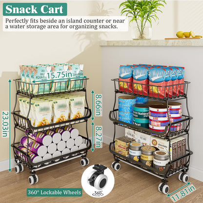 Giwil 3-Tier Rolling Pantry Organizers with Wheels, Stackable Wire Basket for Kitchen Pantry Shelves, Vegetable Storage Rack Pantry Cart for Snack Fruit Onion Potato, Black