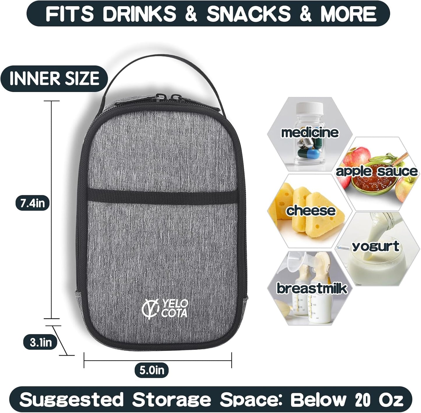 Yelocota Small Insulated Lunch Bag- Snack Bag- Mini Cooler Bag with Handle for Travel,Work,School(Storage Space below 20oz)- Also Suitable for Pairing with Food Jar