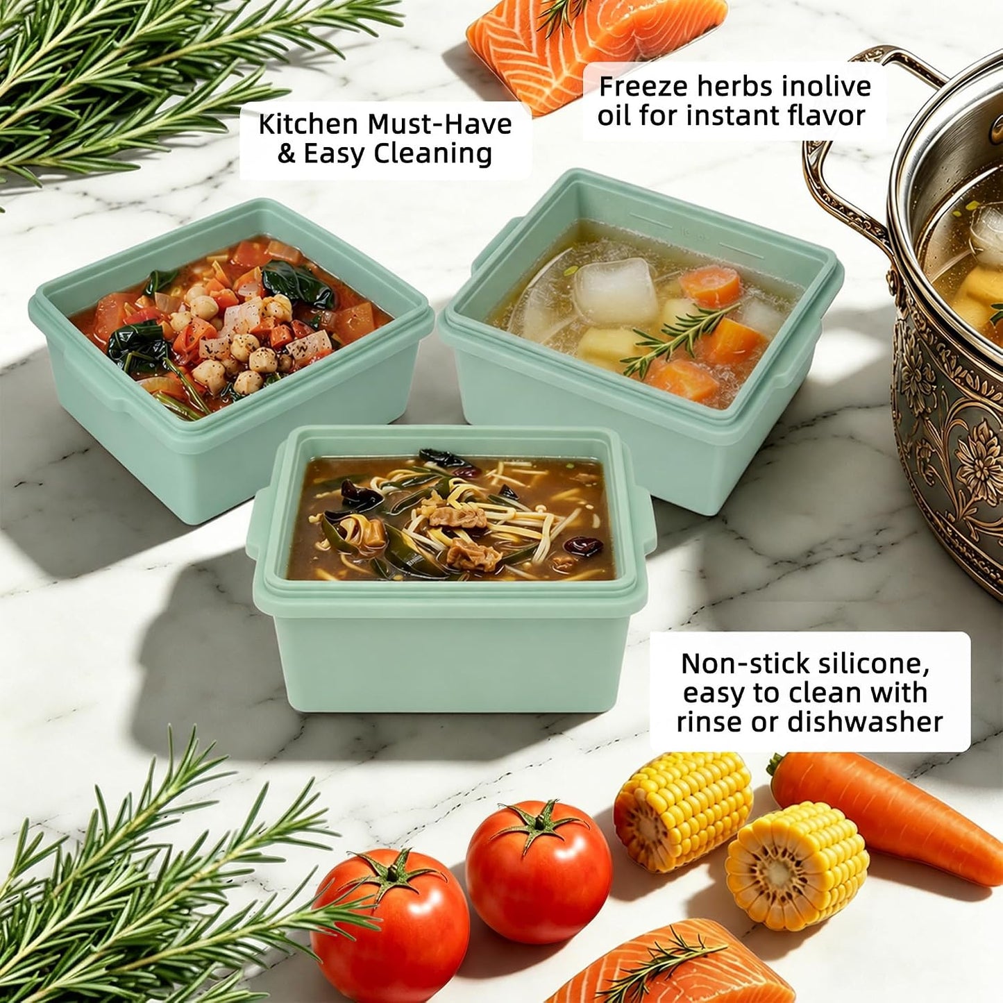 Silicone Soup Freezer Molds with Lids, 2-Cup silicone freezer molds for Meal Prep, BPA-Free, Stackable, Perfect for lasagna, Individual Portions, Baked Goods and More, Microwave & Oven Safe - 6 Pack