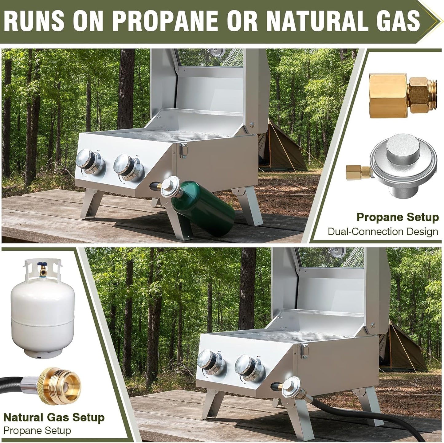 BESTFIRE 2-Burner Tabletop Propane Grill with Foldable Grill Cart, Portable Gas BBQ Station with Wheels & Prep Table, Dual-Fuel Setup for 1lb & 20lb Tanks, Stainless Steel Outdoor Kitchen for Camping