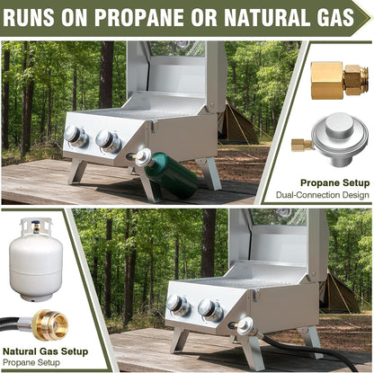 BESTFIRE 2-Burner Tabletop Propane Grill with Foldable Grill Cart, Portable Gas BBQ Station with Wheels & Prep Table, Dual-Fuel Setup for 1lb & 20lb Tanks, Stainless Steel Outdoor Kitchen for Camping
