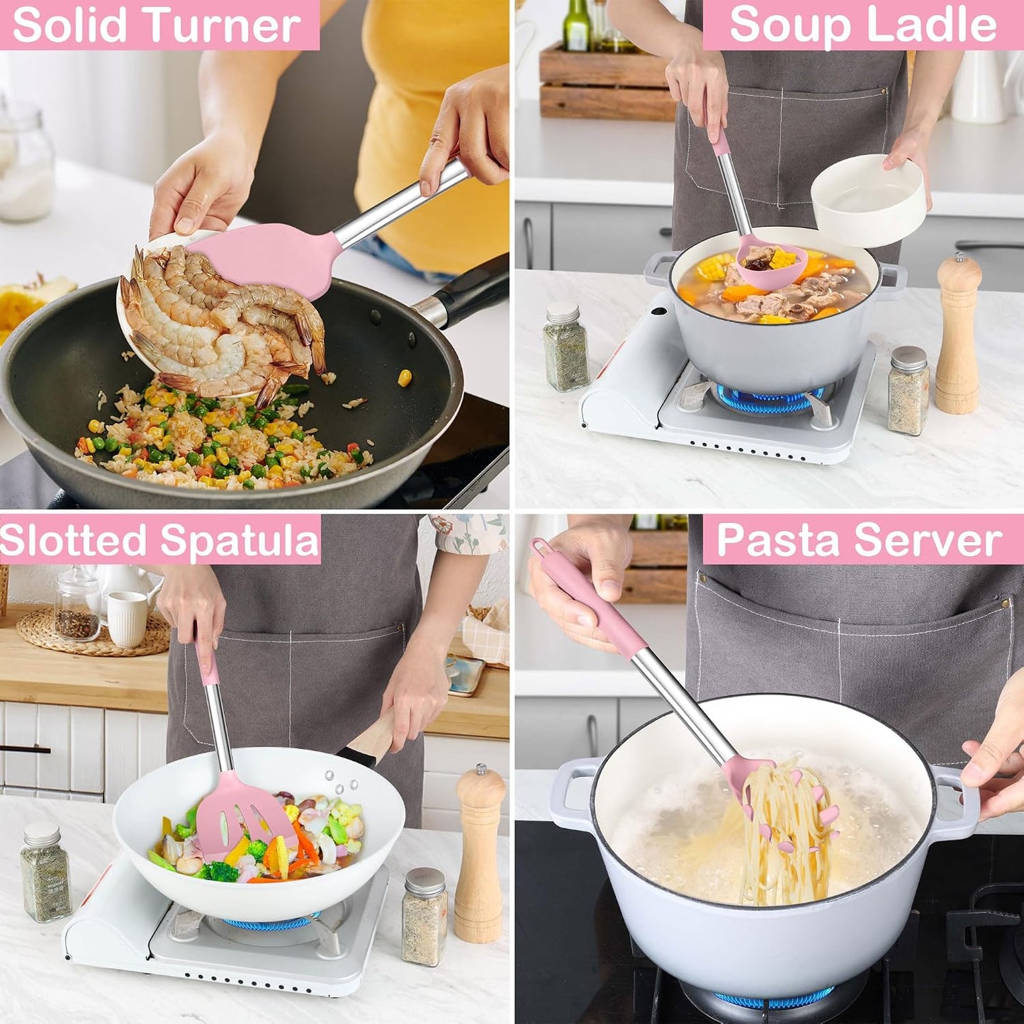 LIANYU 15 Pcs Kitchen Cooking Utensils Set with Holder, Silicone Kitchen Tools with Stainless Steel Handle, Heat Resistant Gadgets, Brush Spatula Spoon Whisk for Cookware, Dishwasher Safe, Khaki