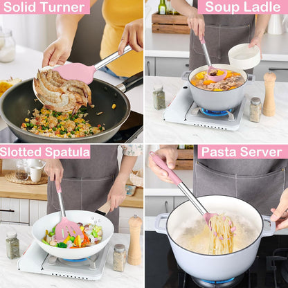 LIANYU 15 Pcs Kitchen Cooking Utensils Set with Holder, Silicone Kitchen Tools with Stainless Steel Handle, Heat Resistant Gadgets, Brush Spatula Spoon Whisk for Cookware, Dishwasher Safe, Khaki