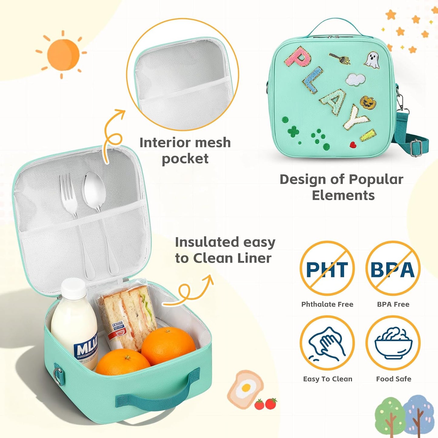 Reusable Insulated Lunch Bag for Kids Teens & Adults with Adjustable Shoulder Strap - Large Durable Lunch Bag Tote for School Travel Picnic Work - Leakproof Design Lunch Carrier (Black -3D Dinosaur)