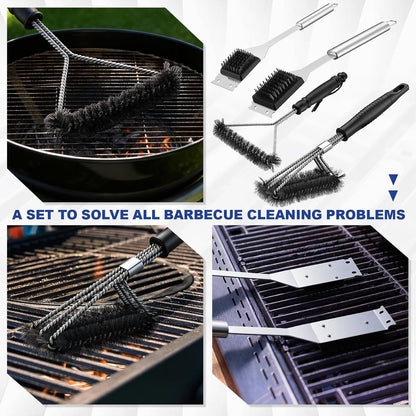 4 Pcs 304 Stainless Steel BBQ Grill Brush, 16.5” & 14” Wire BBQ Brush & Scraper, 15" Three-Head and 12" Three-Sided Brushes for Outdoor Grill Accessories, Ideal Gift for Men/dad