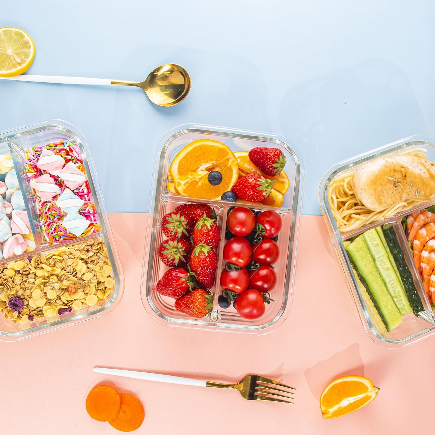 5 Pack Glass Meal Prep Containers 3 Compartment with Lids, Divided Glass Storage Containers with Silicone Sleeve for Lunch, Leak-Proof Portion Control Food Containers, Dishwasher Safe, 34 oz