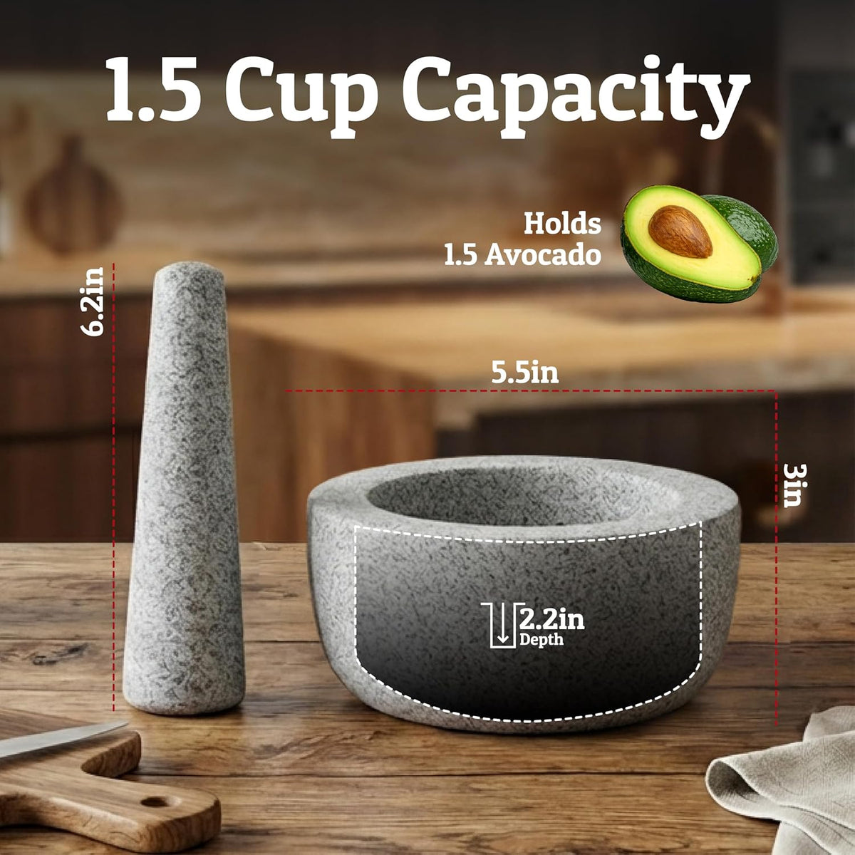 Priority Chef Heavy Duty Large 1.5 Cup Mortar and Pestle Set, 100% Natural Granite, 5.5 Inch Diameter Bowl, 6.2 Inch Pestle, Non-Slip Base, Stone Grinder for Guacamole Salsa Pesto Herbs Spices, Black