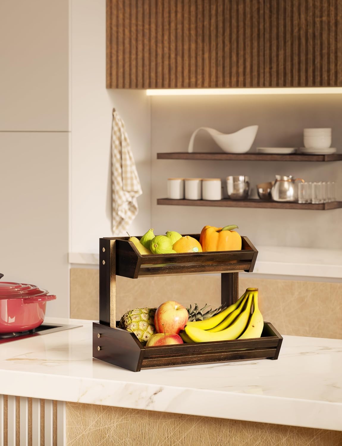 HOLANA Acacia 2 Tier Fruit Basket for Kitchen Counter Organizer – Wooden Fruit Bowl & Wooden Basket for Kitchen Counter Storage, Vegetable & Produce Storage, Snack Organizer for Countertop (Acacia)