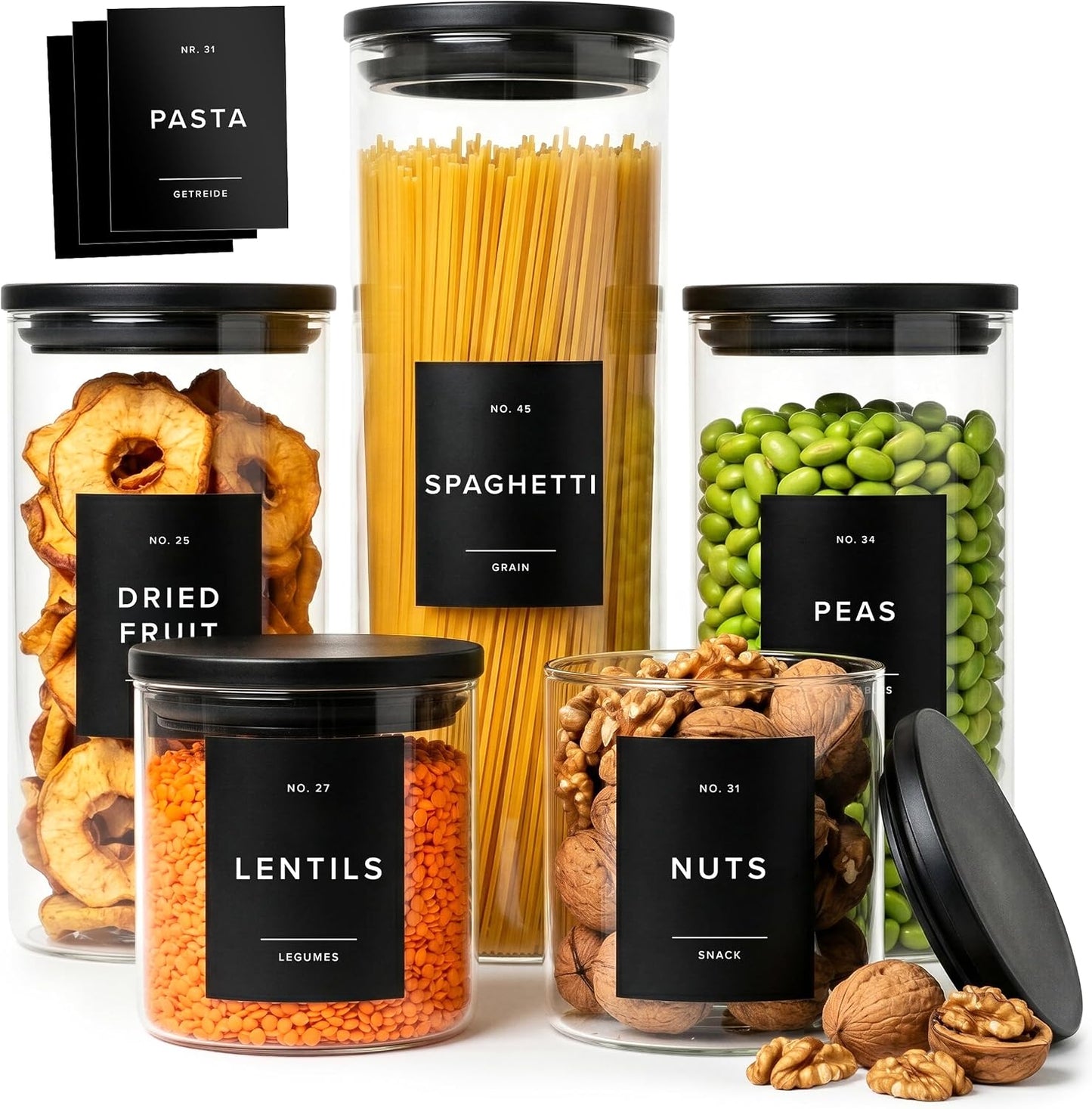 EDELHAUS 2x Large Glass Storage Containers with Airtight Black Lids [135oz/4000ml] | Extra Thick Glass Canisters for Pantry + 63 Labels | Flour Rice Cereal Sugar Coffee Beans Tea