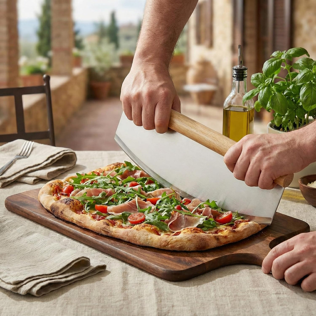 14-Inch Stainless Steel Professional Pizza Rocker Knife, Wood Handle Blade Cutter with Comfort Cover, Commercial Grade Pizza Slicer