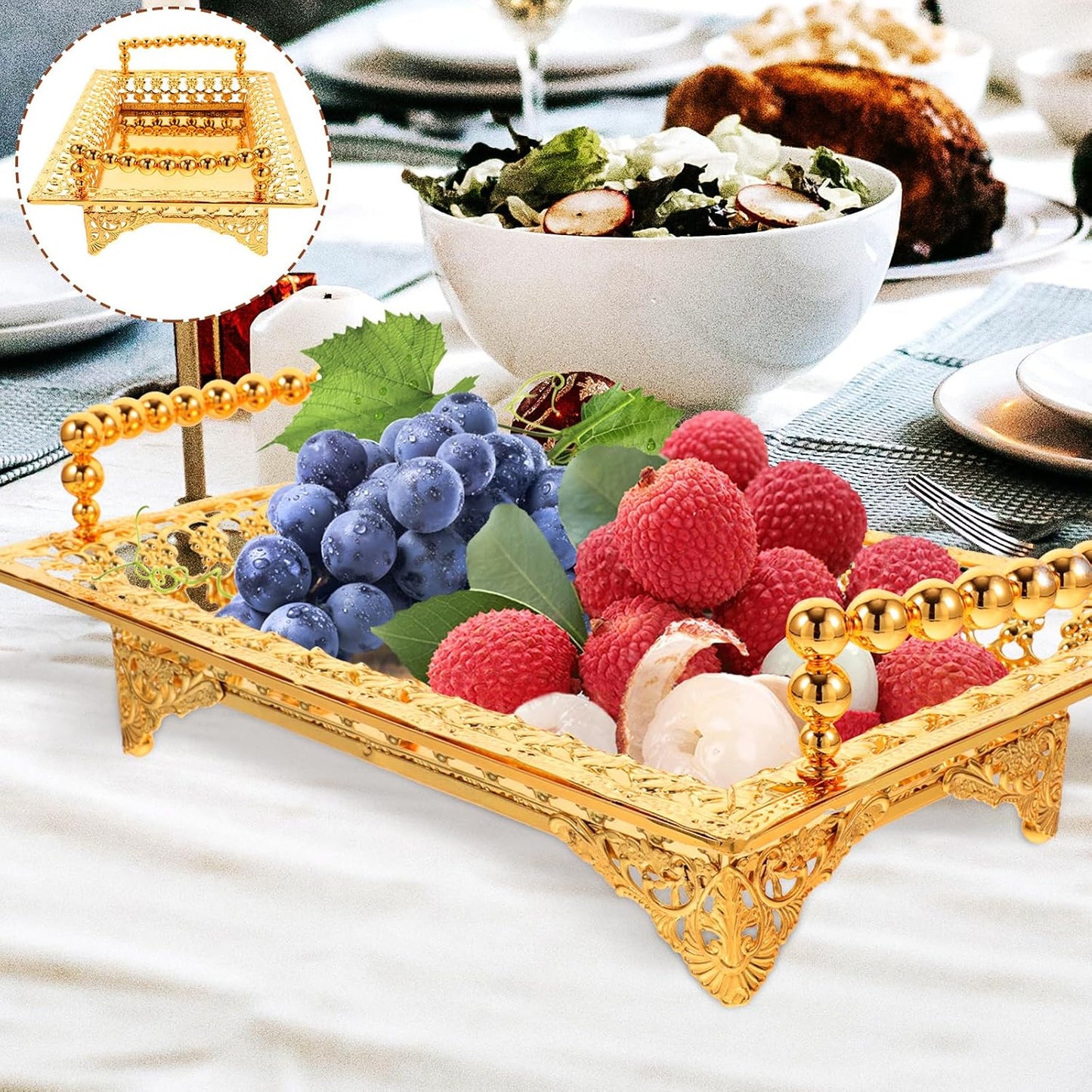 COLLBATH Nordic Style Fruit Plate with Handle 2Pc Metal Snack Serving Tray for Dried Fruits and Appetizers Elegant Gold Platter for Kitchen and Entertaining