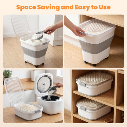 50 Lbs Rice Storage Container with Wheels, Collapsible Airtight Rice Holder with Transparent Lid, Measuring Cup, Scoop, Handle, BPA Free Food Storage Container for Pet Food, Grain, Bird Seed