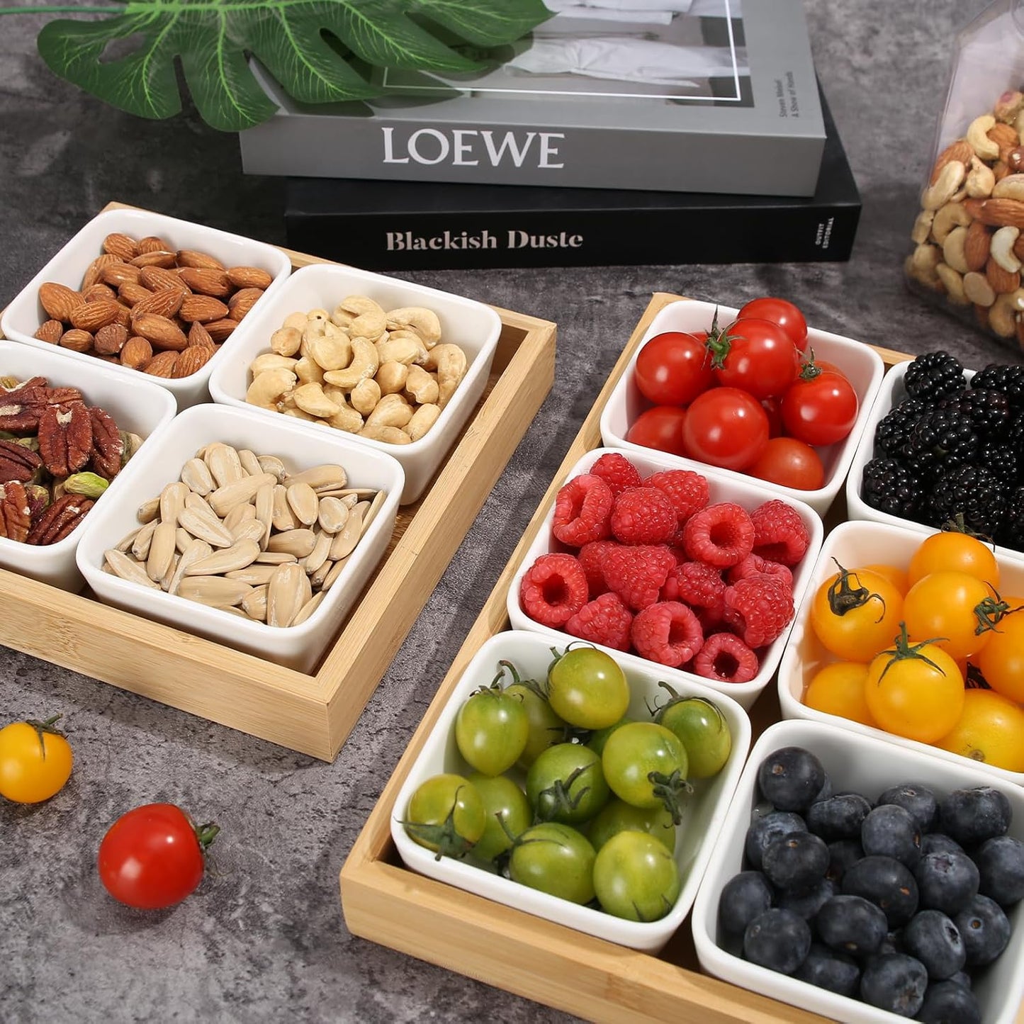 Ceramic Snack Bowls with Bamboo Tray Set,Divided Serving Bowls and Platters for Hosting & Party,Removable Serving Dishes for Chips and Dip,Fruit,Veggies,Candy and Snacks Kitchen Decor (4)