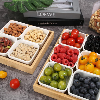 Ceramic Snack Bowls with Bamboo Tray Set,Divided Serving Bowls and Platters for Hosting & Party,Removable Serving Dishes for Chips and Dip,Fruit,Veggies,Candy and Snacks Kitchen Decor (4)