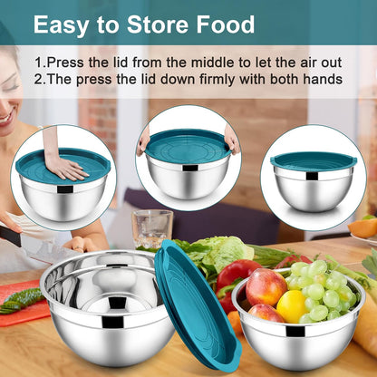 E-far Mixing Bowls With Lids Sets of 5, 10-Piece Stainless Steel Salad Metal Nesting Bowl for Baking Cooking and Prepping, Airtight Lid & Stackable Design, Size 4.6, 3, 2.1, 1.5, 0.7 QT, Black