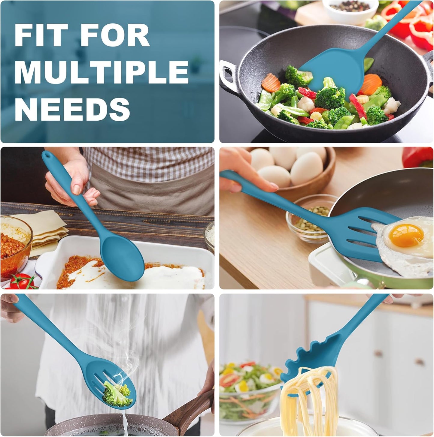 TeamFar Silicone Cooking Utensils Set, 5-Piece Heat Resistant Kitchen Utensils Set, Nonstick Slotted Solid Spoon Turner Pasta Server for Frying, Serving, Mixing, Non-Toxic & Dishwasher Safe, Black