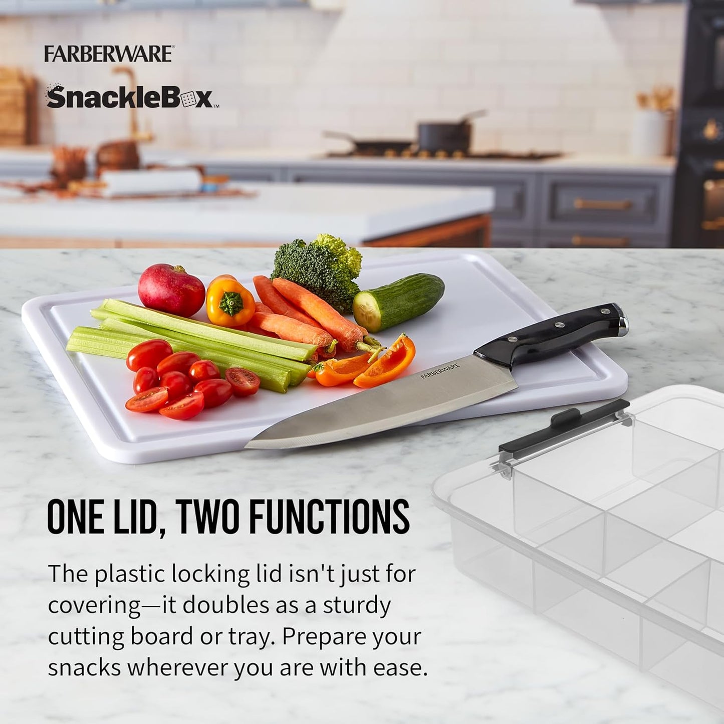 Farberware Small Build-a-Board Snacklebox with Locking Plastic Cutting Board Lid, Portable Charcuterie Storage with 7 Compartments