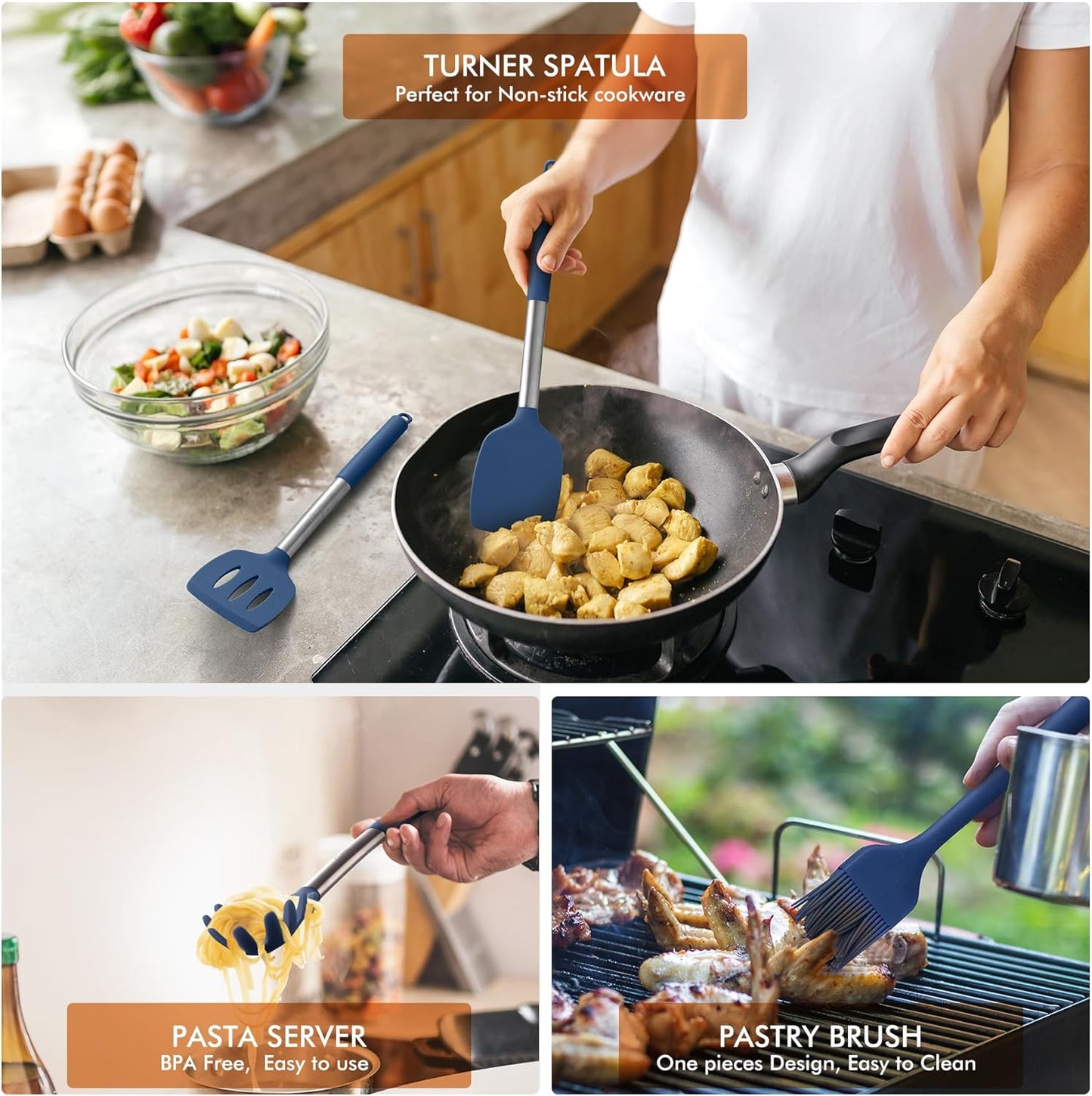 HOTEC 446°F Heat Resistant Silicone Kitchen Utensils, Cooking Utensil Set, Spatula Set, BPA Free, Kitchen Gadgets, With Stainless Steel Utensils Holder, Dishwasher Safe 14pcs Khaki