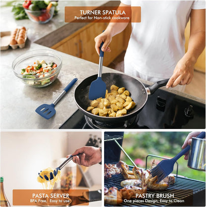 HOTEC 446°F Heat Resistant Silicone Kitchen Utensils, Cooking Utensil Set, Spatula Set, BPA Free, Kitchen Gadgets, With Stainless Steel Utensils Holder, Dishwasher Safe 14pcs Khaki