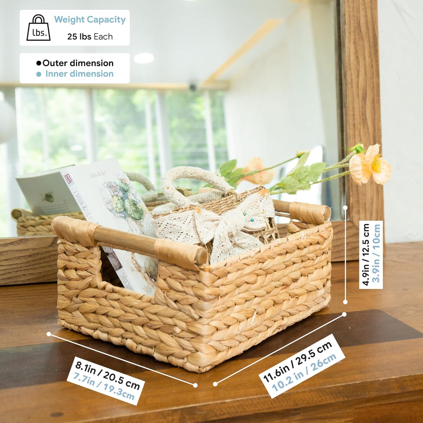 VATIMA Water Hyacinth Storage Baskets with Large Open-Front for Kitchen, Decorative for Living Room, 13.4” x 9.5” x 5.5”, 2 Pack