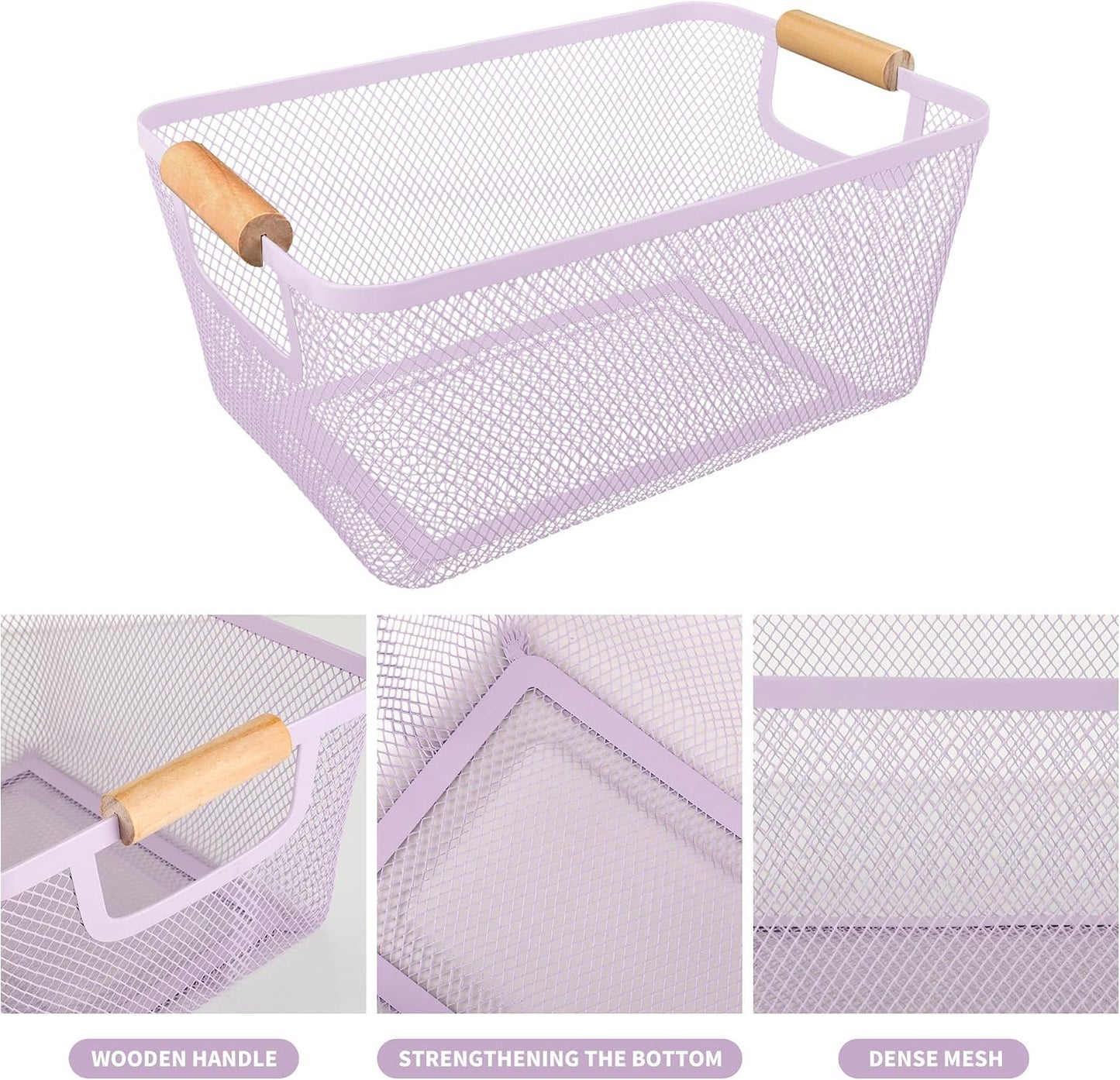 2Pack Metal Mesh Steel Basket with Bamboo Handle - Wire Metal Basket for Kitchen Organization, 12" Wide Food Organizer Bin, Perfect for Organizing Bulk Pantry (WHITE)