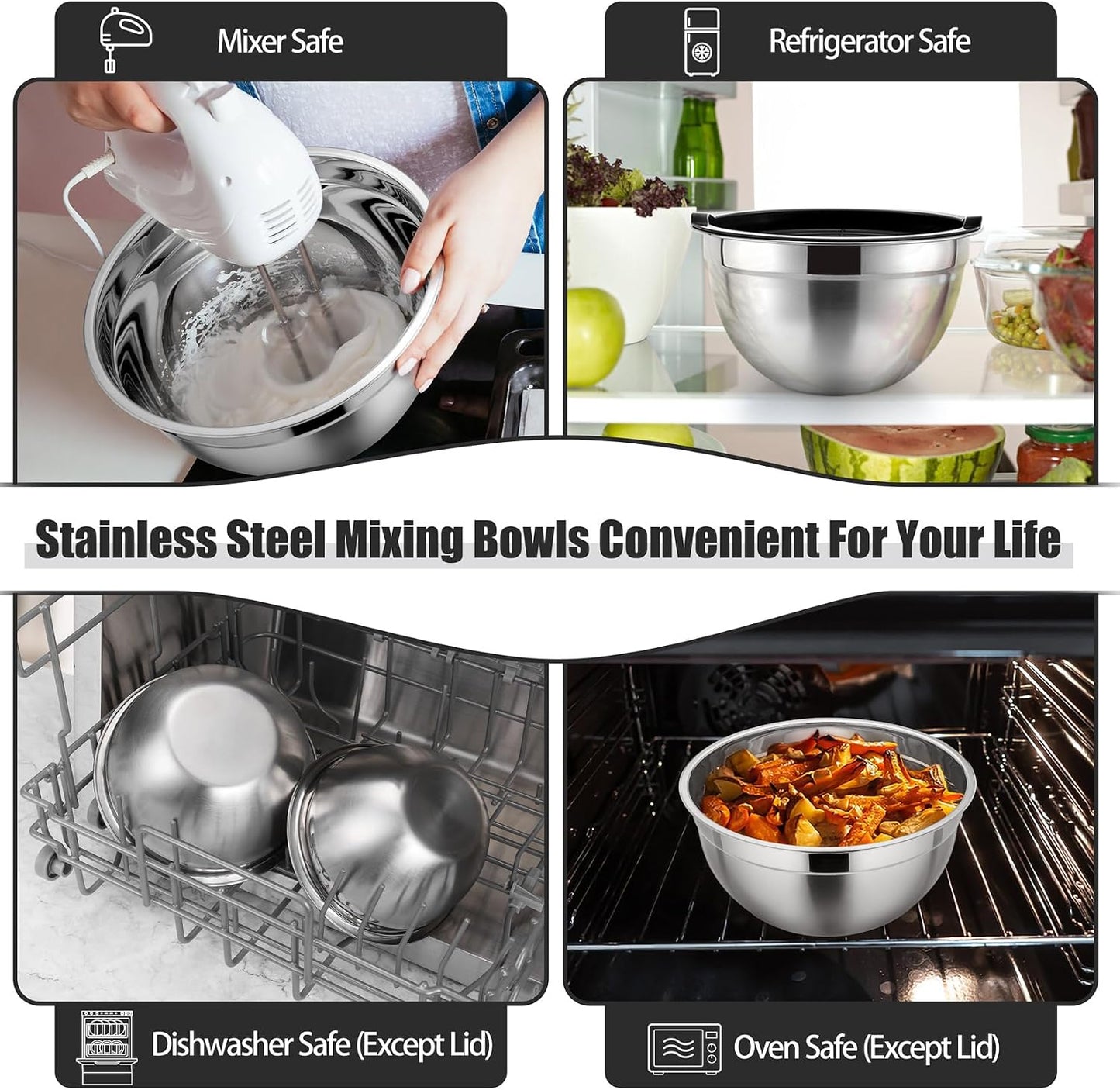 P&P CHEF Black Mixing Bowls with Lids, Set of 3, Stainless Steel Salad Nesting Bowl for Mixing, Storing, Prepping, Airtight & Stackable, Size 4.6/3 /1.5 QT