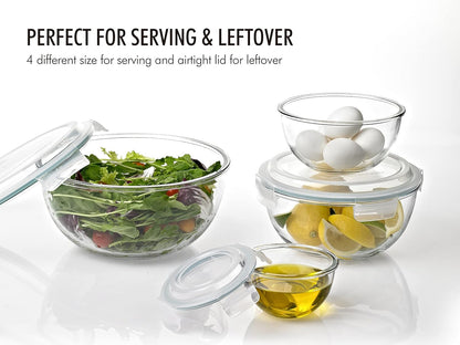 Glasslock Mixing Bowl with Latching Lids 8-Pieces Set – Airtight, Leakproof, BPA Free Lids, Nesting, Meal Prep, Baking, Salad, Food Storage & Serving Bowl, Microwave, Fridge & Freezer, Dishwasher Safe