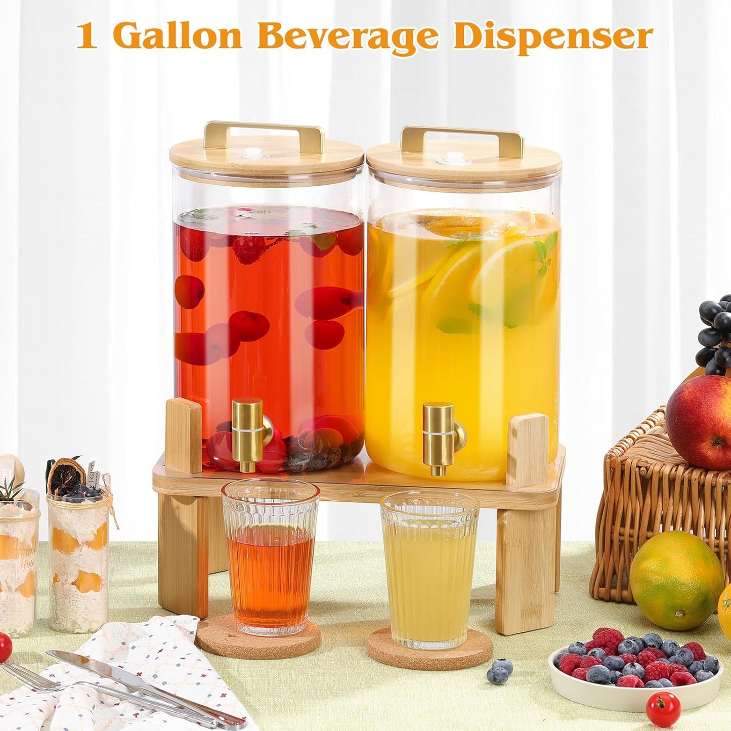 1.5 Gallon 2 PACK Glass Drink dispenser, Beverage Dispenser With Wood Stand, Lemonade Dispenser with Airtight Valve and Stainless Steel Spigot,Drink Dispenser for Parties