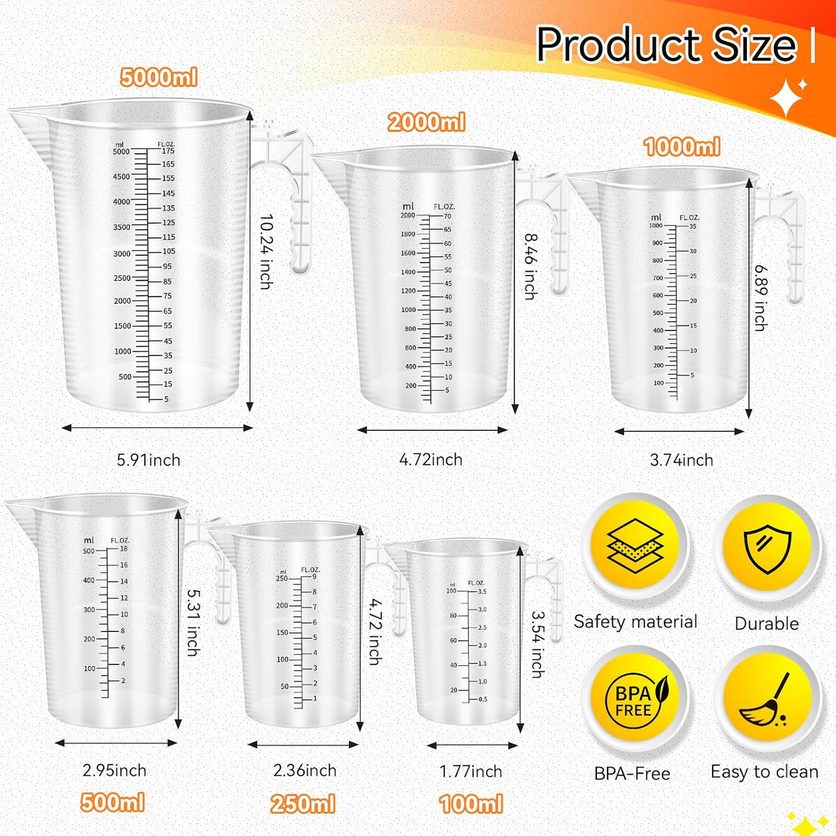 Xuhal 6 Pcs Measuring Pitcher Set, Plastic Cups with Handle and Spout