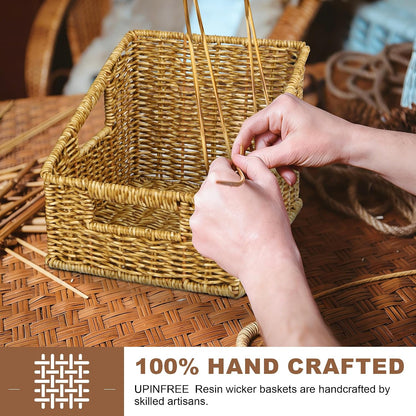 Pantry Baskets for Organizing, Waterproof Wicker Basket with Handles, Trapezoid Woven Baskets for Shelves，Bedroom, Laundry Room,Tan