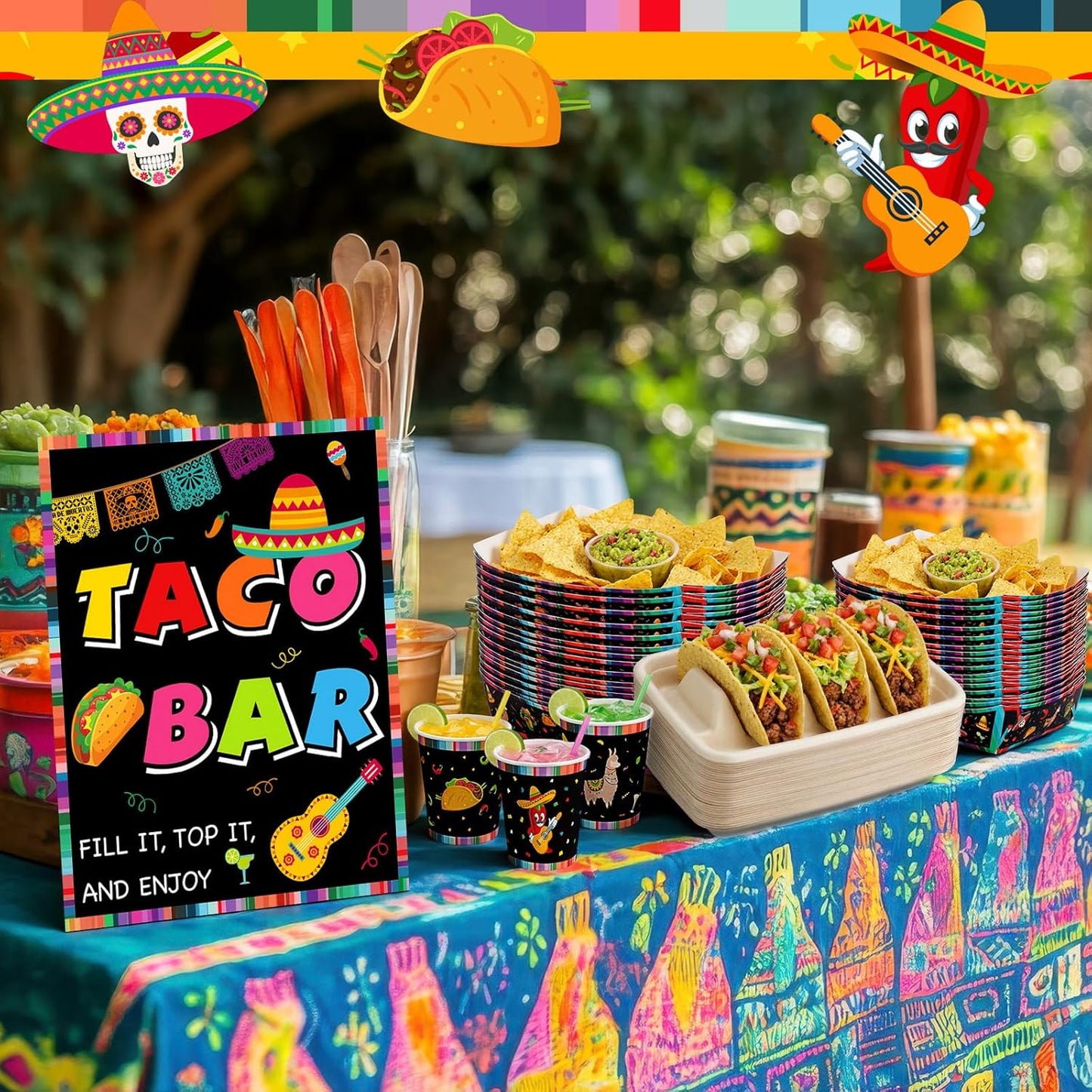 31 Pcs Taco Bar Supplies Kit Serving Party Mexican Party Decoration Fiesta Tacos Food and Tequila Decoration Fiesta Bar Sign 3 Dividers Food Trays Paper Cups and Snack Holder for Taco Tuesday Supplies