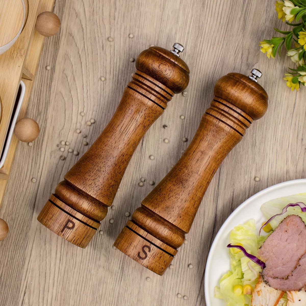 Haomacro Wooden Salt and Pepper Grinder Set Refillable Salt & Pepper Mills