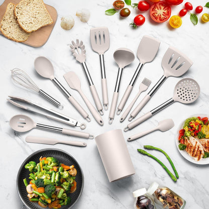 LIANYU 15 Pcs Kitchen Cooking Utensils Set with Holder, Silicone Kitchen Tools with Stainless Steel Handle, Heat Resistant Gadgets, Brush Spatula Spoon Whisk for Cookware, Dishwasher Safe, Khaki
