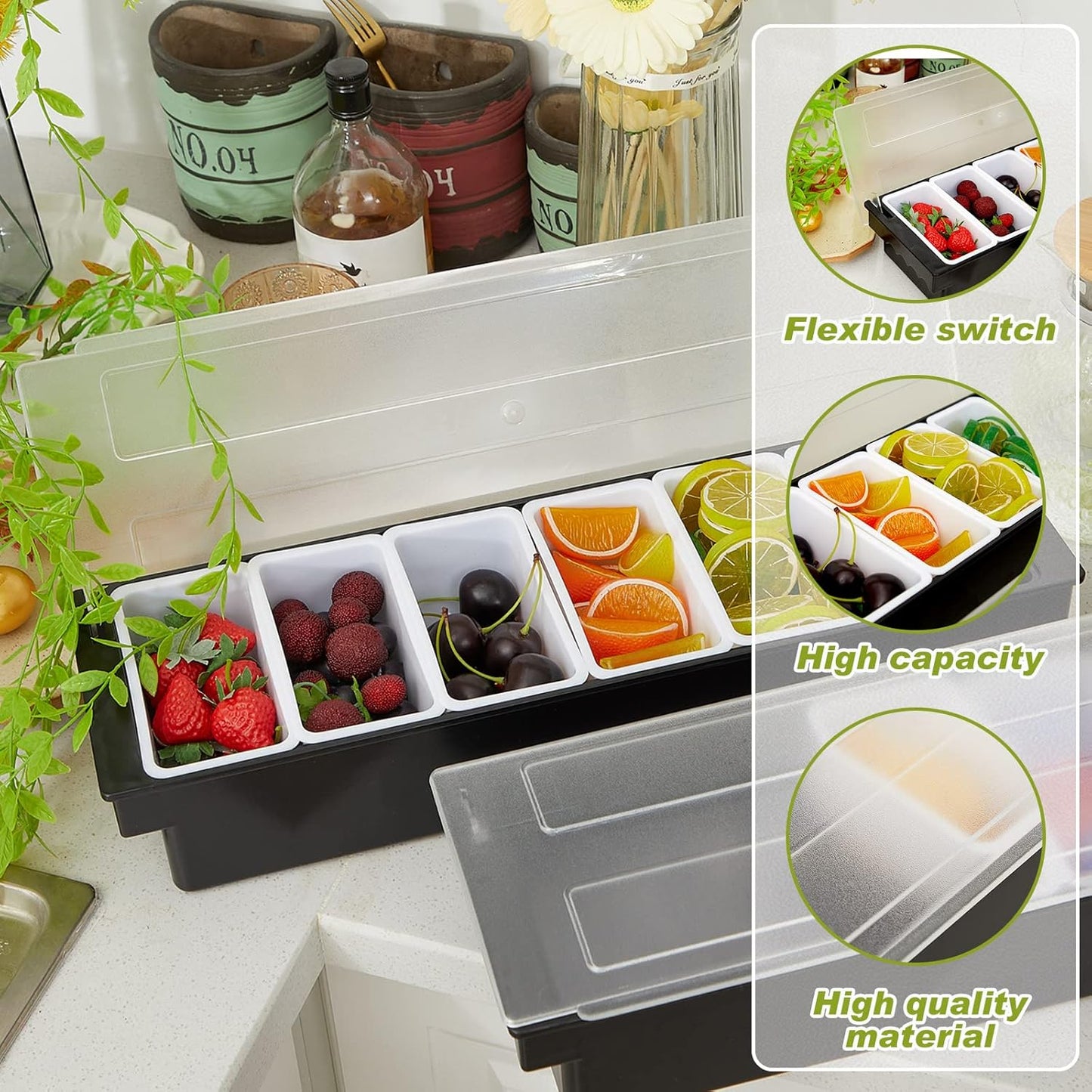 2 Pcs Bar Fruit Caddy with Lid Salad Condiment Server Black Plastic Garnish Tray Ice Chilled Condiment Caddy for Home Restaurant Bartending Serving Veggie Taco Salad Party Supplies(6 Compartments)