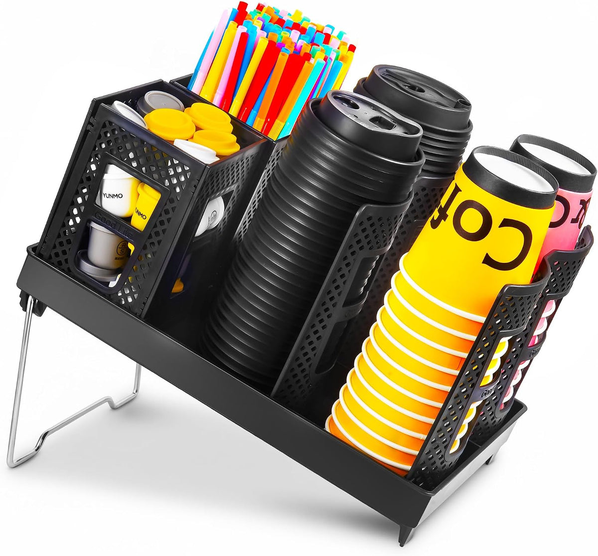 Cup and Lid Holder, Disposable Paper Cup Dispenser with Coffee Pod Straw Storage Basket, Countertop Coffee Cup Holder for Coffee Stations, Bars, Break Rooms, Living Rooms, Parties (Black)