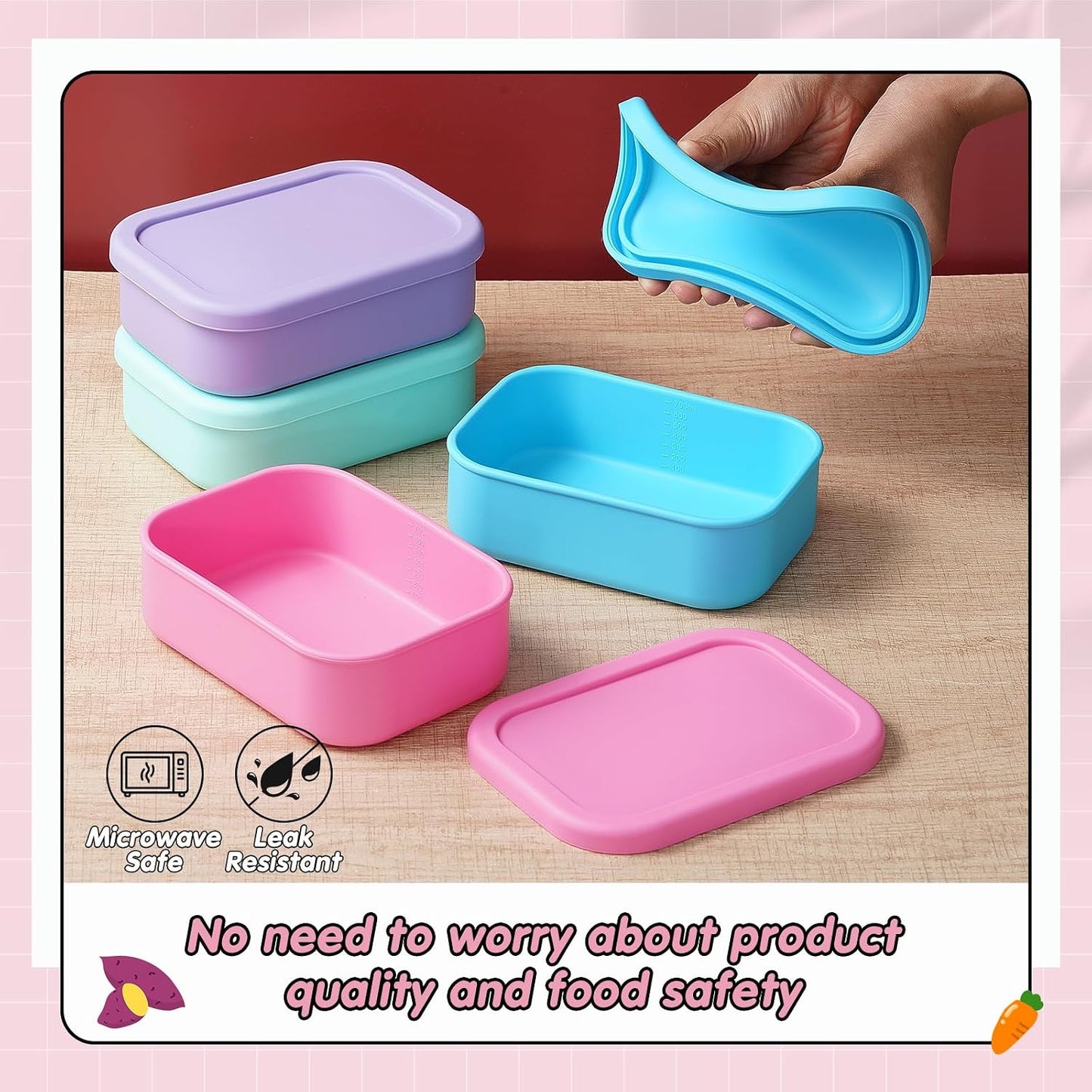 Layhit 4 Pcs Silicone Bento Box Lunch Box for Adult, 23.7 oz Reusable Sandwich Containers Food Storage with Lids Airtight for Lunch Meals Snacks, Dishwasher Freezer Safe (Matte Multicolor)