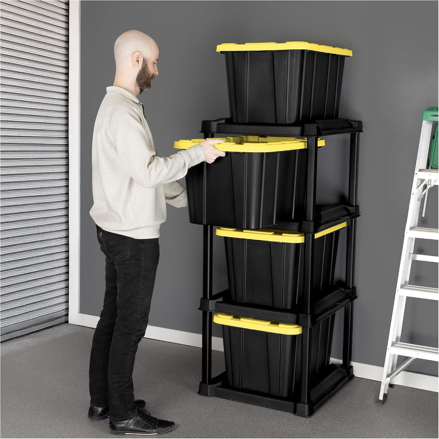 Sterilite 4-Pack 27 Gallon Industrial Storage Tote, Heavy-Duty Plastic Bins, Black/Yellow - Stackable Utility Organizers with Lids for Garage, Camping Tools, and Outdoor Gear
