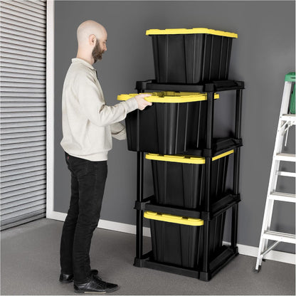 Sterilite 4-Pack 27 Gallon Industrial Storage Tote, Heavy-Duty Plastic Bins, Black/Yellow - Stackable Utility Organizers with Lids for Garage, Camping Tools, and Outdoor Gear
