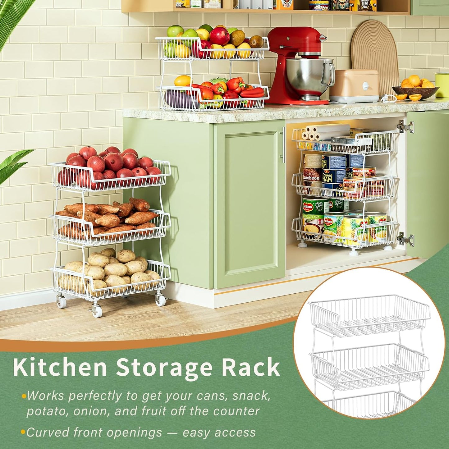 OKZEST 3-Tier Rolling Pantry Floor Organizer and Storage Cart with Wheels, Stackable Wire Pantry Baskets for Pantry Shelves, Kitchen Storage Rack and Fruit Basket Stand for Fruit Snack Onion Potato