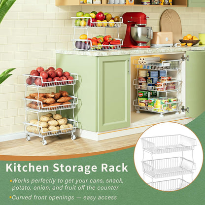 OKZEST 3-Tier Rolling Pantry Floor Organizer and Storage Cart with Wheels, Stackable Wire Pantry Baskets for Pantry Shelves, Kitchen Storage Rack and Fruit Basket Stand for Fruit Snack Onion Potato