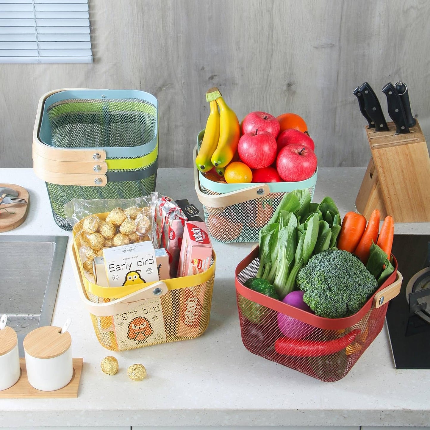 Coloful Metal Mesh Wire Basket with Foldable Wooden Handle,Bin Garden Fruit Vegetable Storage Hanging Harvest Holder for Kitchen Bathroom Picnic (Yellowish Green, Cuboid-15.7 x 9.5 x 7.2“)